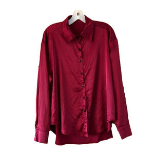 Silky Red Button Down Long Sleeve Shirt Women’s Size Medium Top